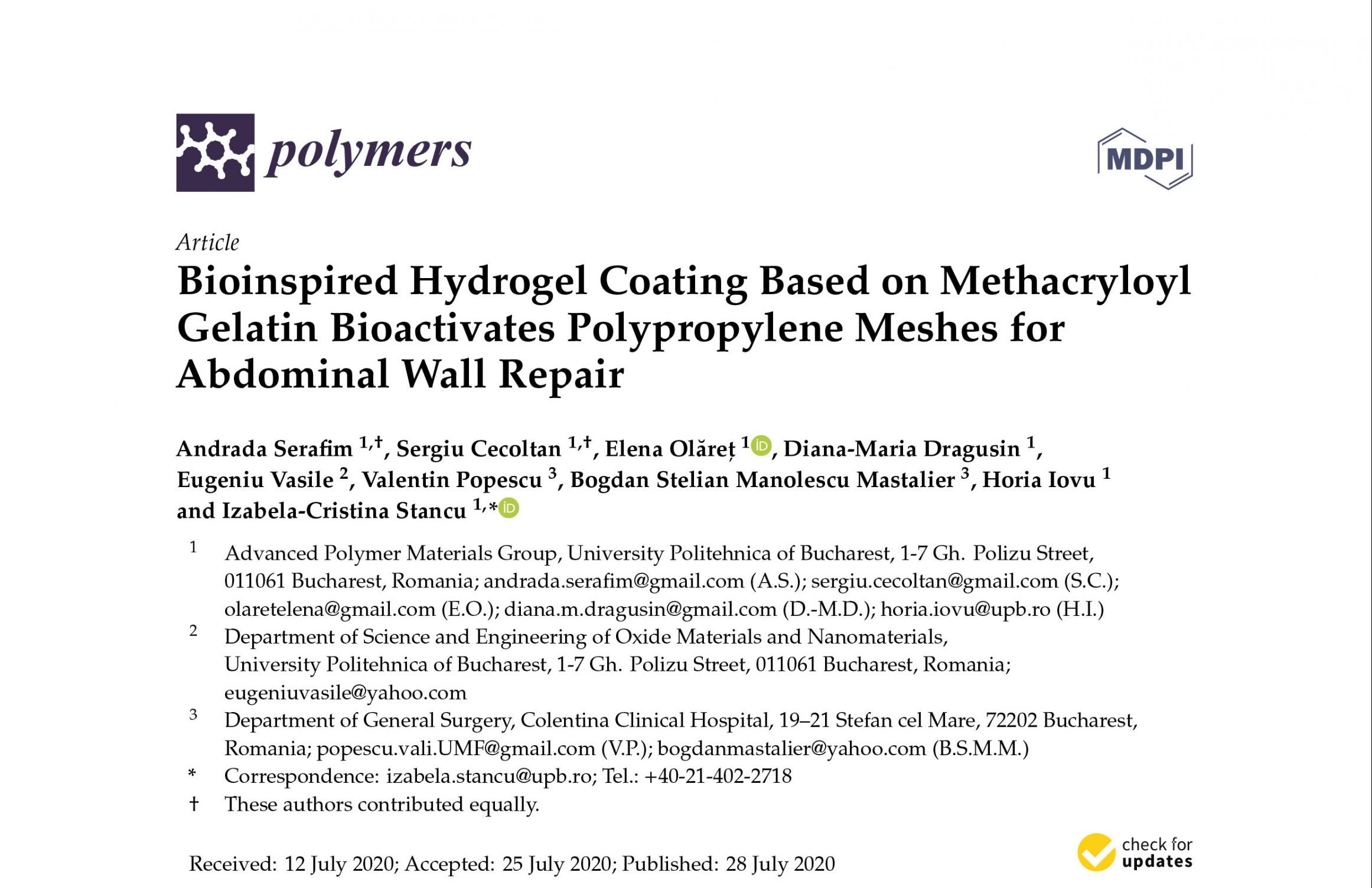 BIOINSPIRED HYDROGEL COATING BASED ON METHACRYLOYL GELATIN BIOACTIVATES POLYPROPYLENE MESHES FOR ABDOMINALWALL REPAIR