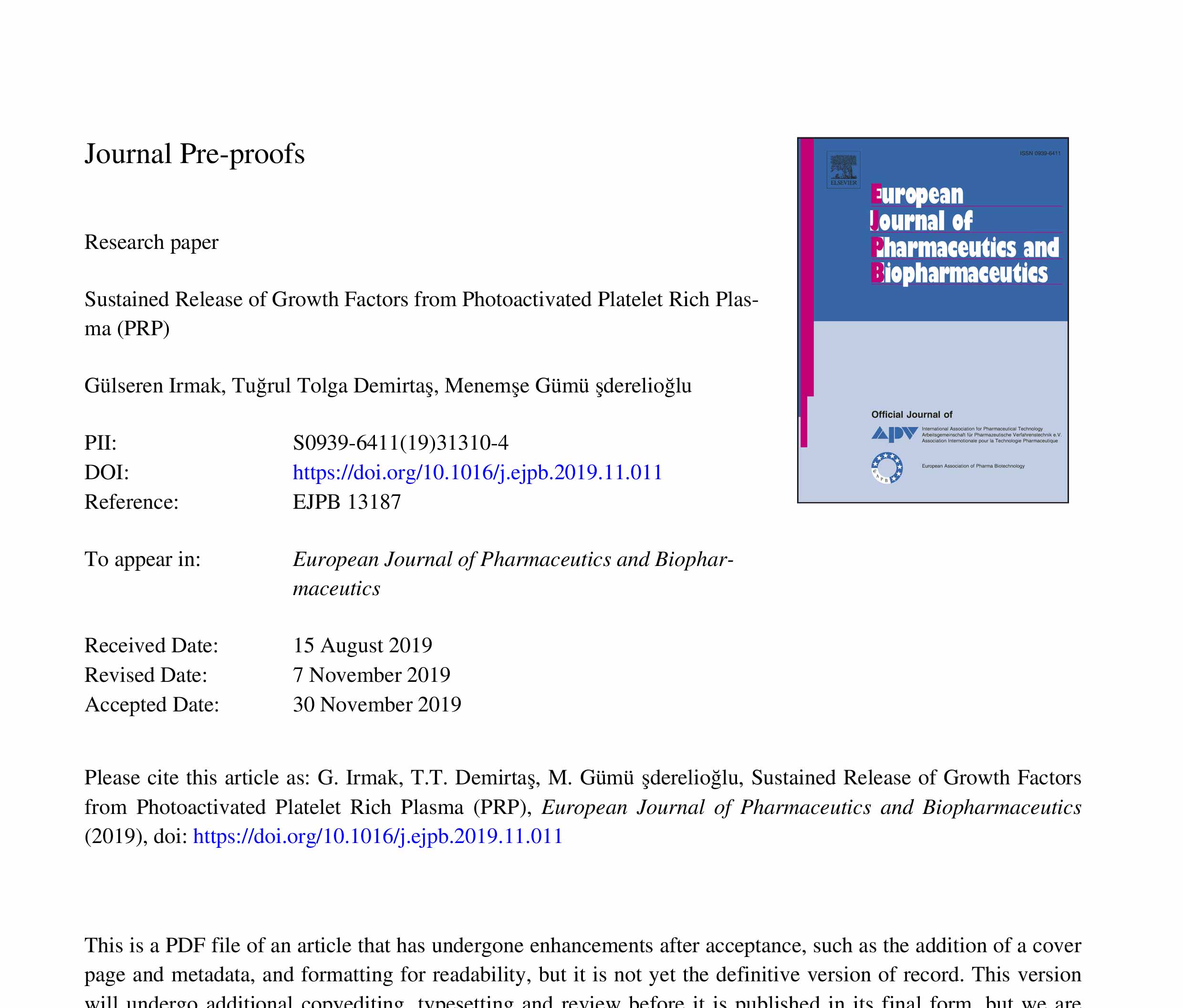 Sustained Release of Growth Factors from Photoactivated Platelet Rich Plasma (PRP)