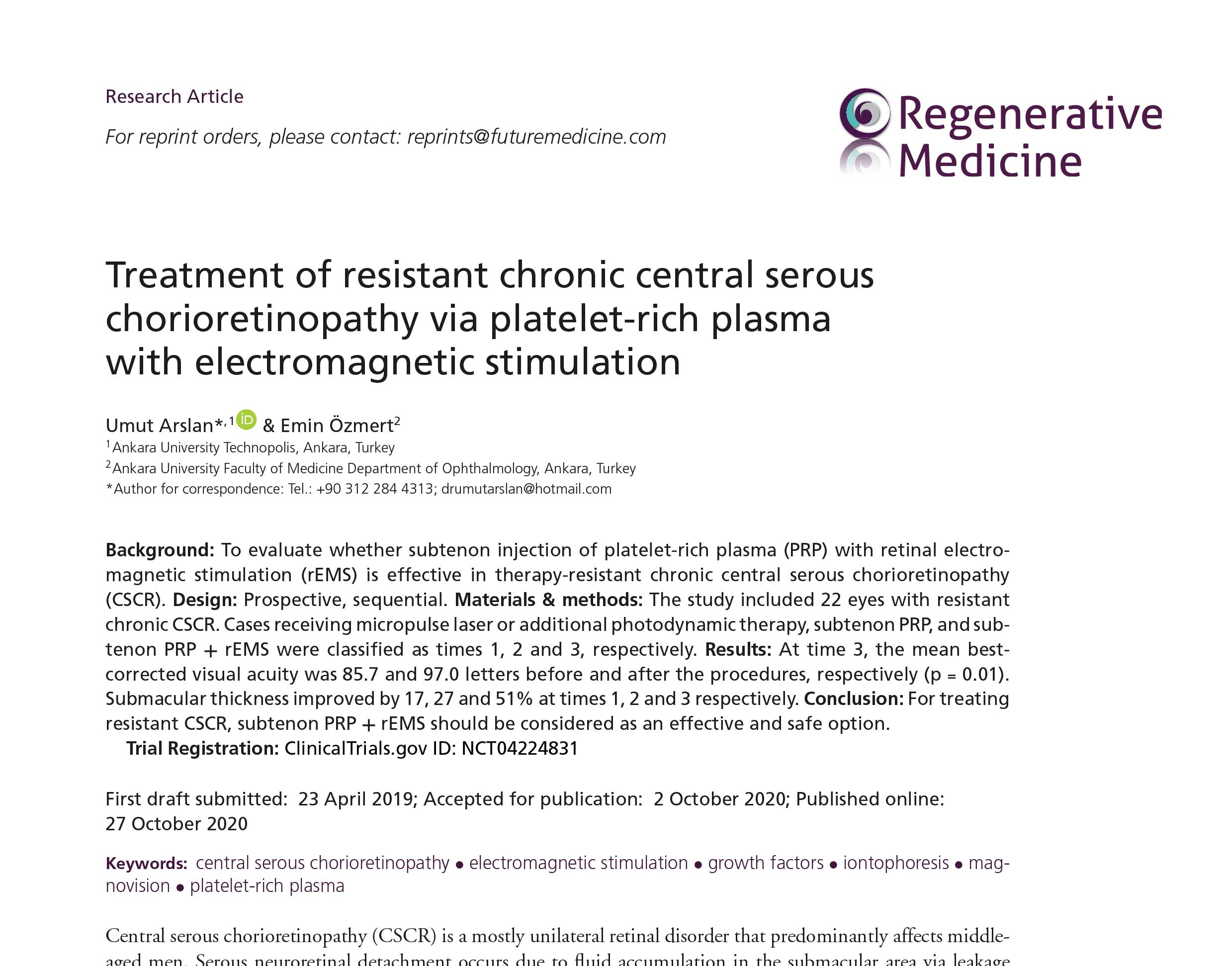 rme-2020-0056-1 Treatment of resistant chronic central serous chorioretinopathy via platelet-rich plasma with electromagnetic stimulation