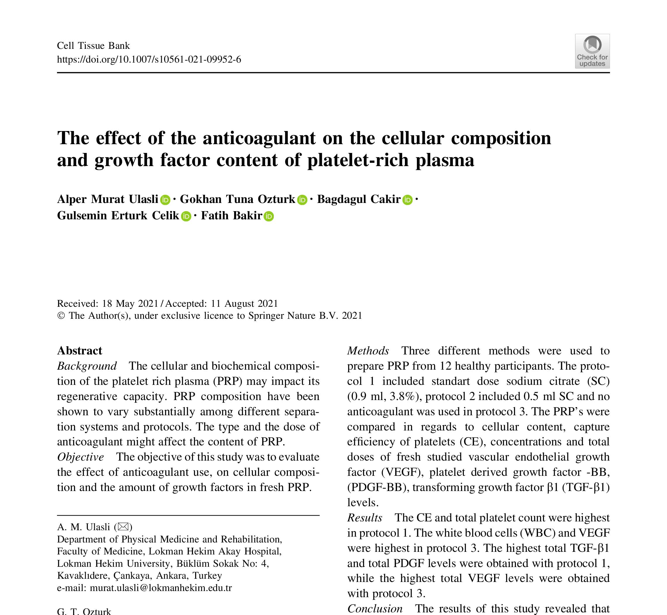 The effect of the anticoagulant on the cellular composition and growth factor content of platelet-rich plasma