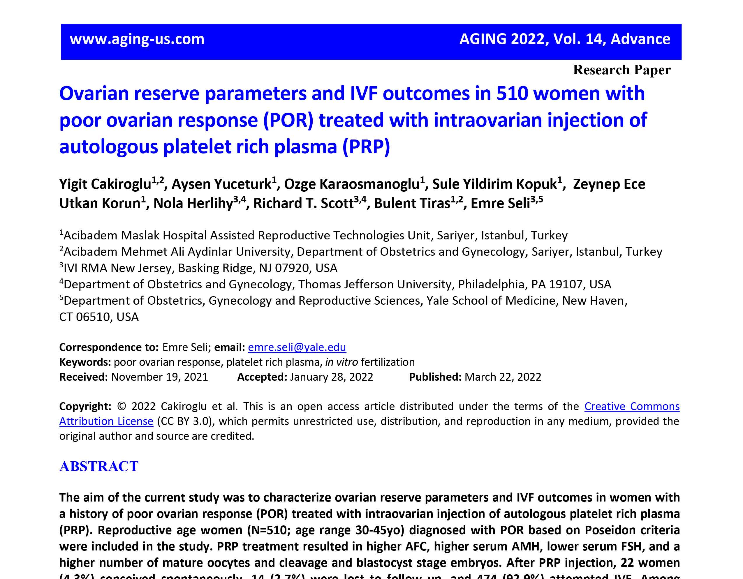 Ovarian reserve parameters and IVF outcomes in 510 women with poor ovarian response (POR) treated with intraovarian injection of autologous platelet rich plasma (PRP)